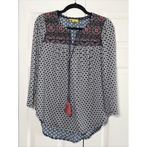 Ezra Embroidered Boho Tunic Blouse Womens Size M Navy Blue Geometric Tassel Top